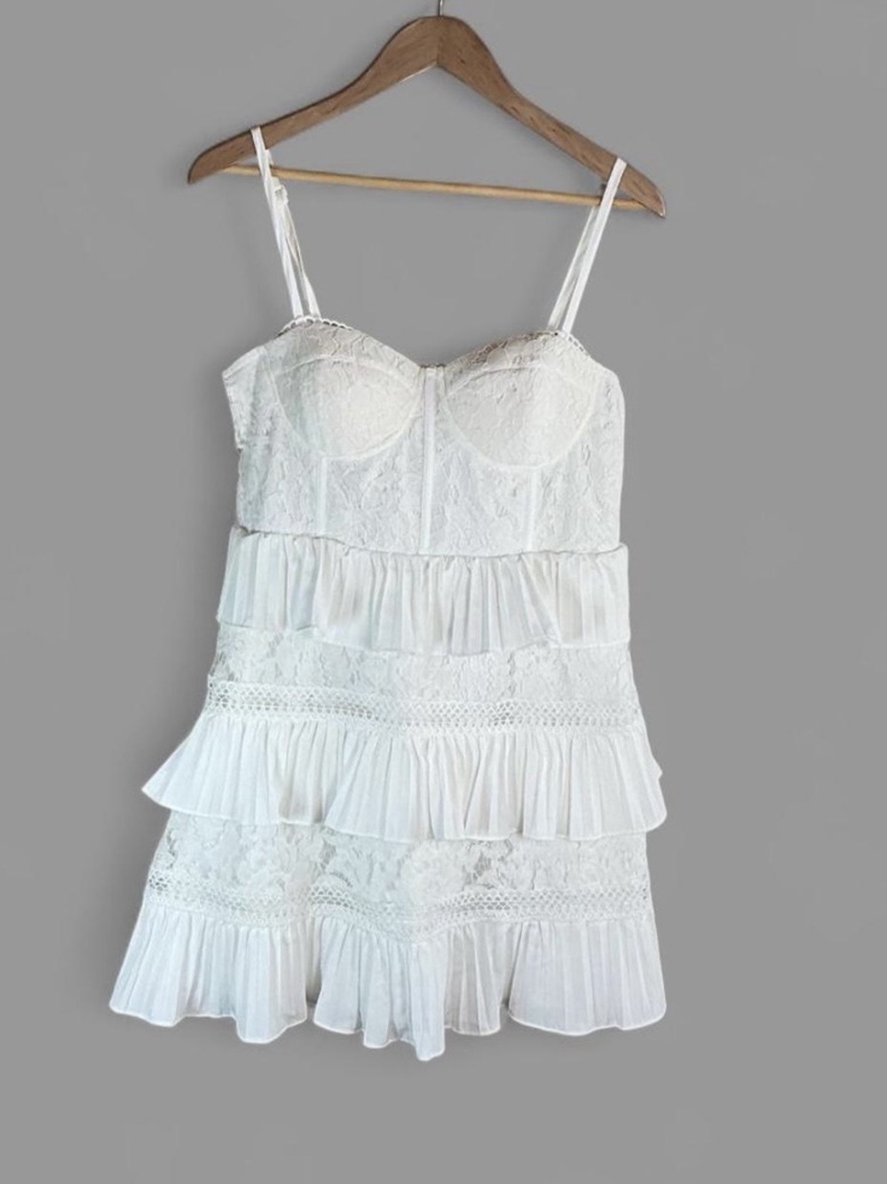 DO + Be White Lace Tiered Ruffle Mini Dress Corset Sweetheart Bustier Coquette